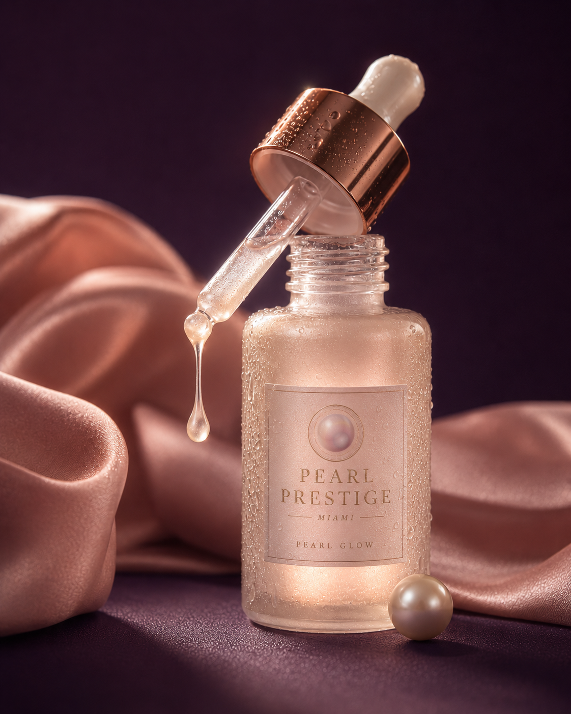 Pearl Glow serum in a rose gold dropper bottle